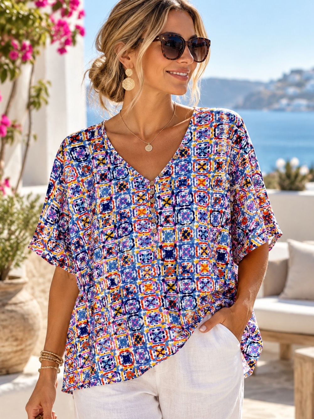 Intro Love 1X Multicolor Mosaic Print Cotton Blend Top NWT
